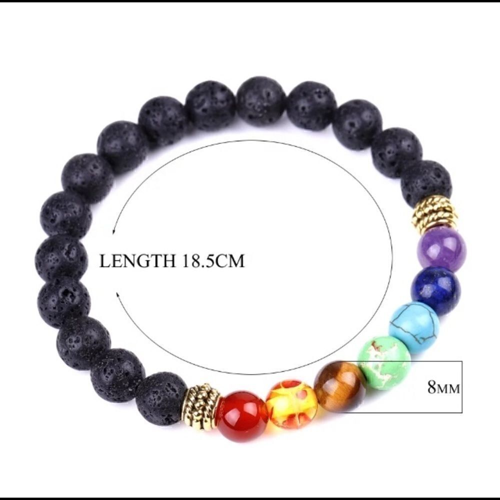 Set of (2) Essential Oil Diffuser Chakra / Black Lava Rock Stone Bead Bracelets - Picture 3 of 9